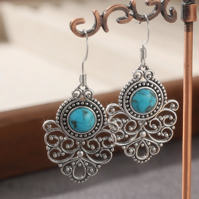 Böhmischer Stil Vintage Synthetischer Türkis Hohlmuster Tropfen-Ohrringe Damen Eleganter Charme Bankett Feier Schmuck Geschenke