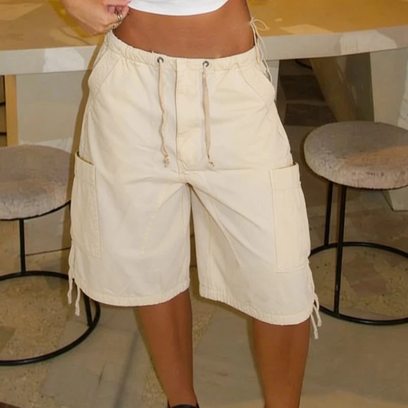 Women Multi Pocket Y2K Baggy Cargo Knee Length Shorts Low Waist Drawstring Wide Leg Shorts Casual Hip Hop Vintage Streetwear