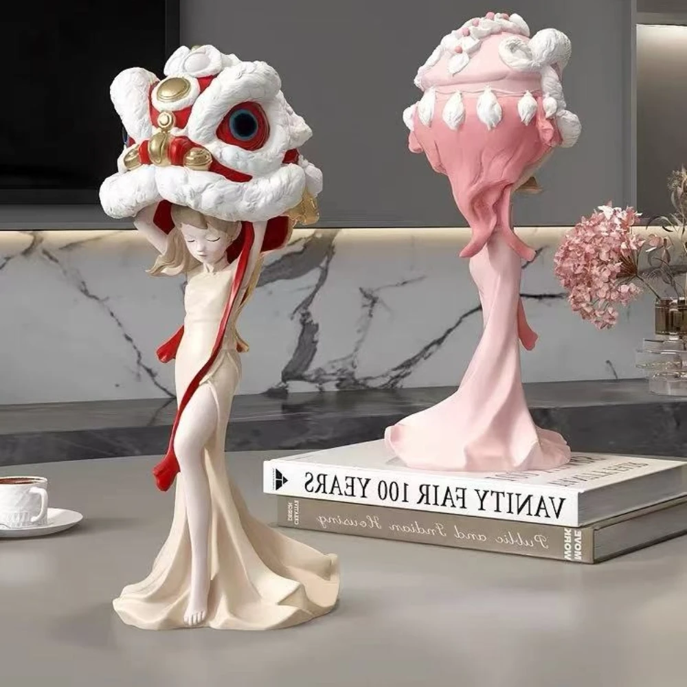 Lion Awakening Girl Resin Statue Lion Head Swinging Figure Sculpture Ornament Home Decoration Desktop Wine Cabinet Crafts Gifts