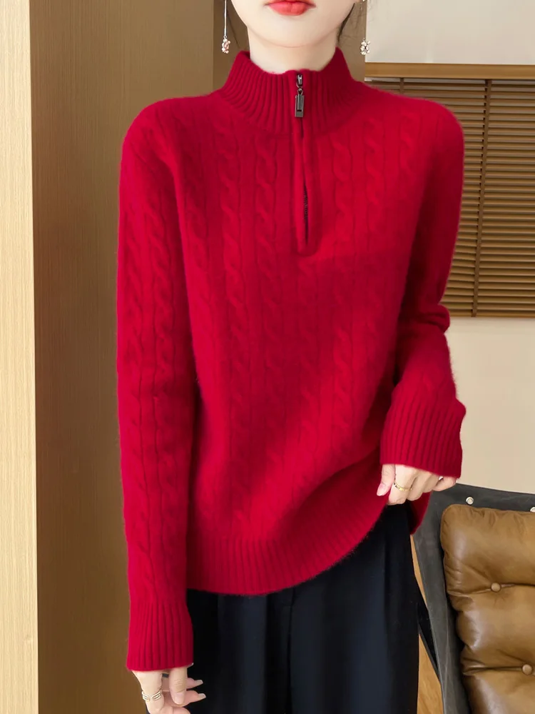 100% Merino Wool Women's Stand Up Collar Pullover Half Zipper Autumn Winter Thick Casual Fashion Knitted Cashmere Sweater