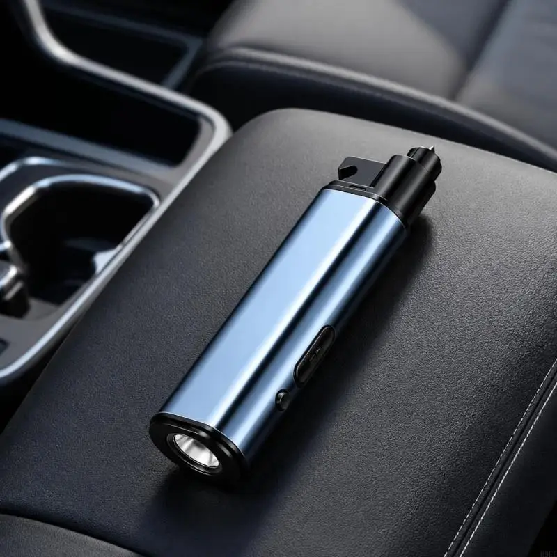 Car Safety Flashlight with Pointed Glass Breaker, Recessed Belt Cutter, and Rechargeable LED Light for Roadside H9EE