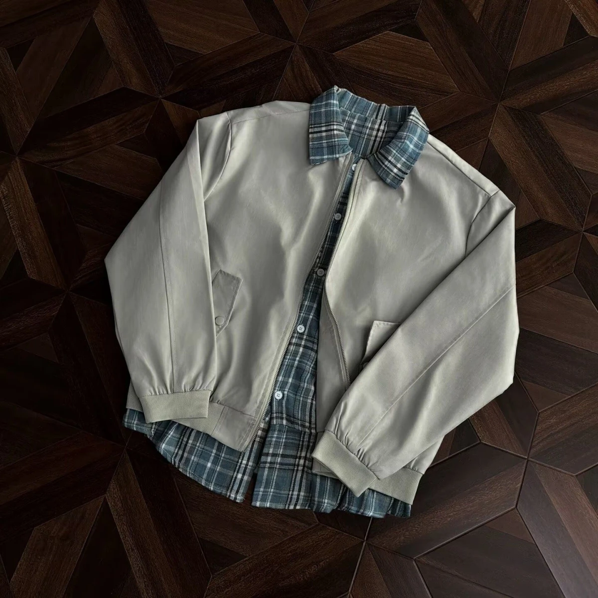 

Retro American Cleanfit Plaid Flannel irt MA Collar Flight Jaet Coat ex Spring Autumn Long Sve Stand Fit Outer...