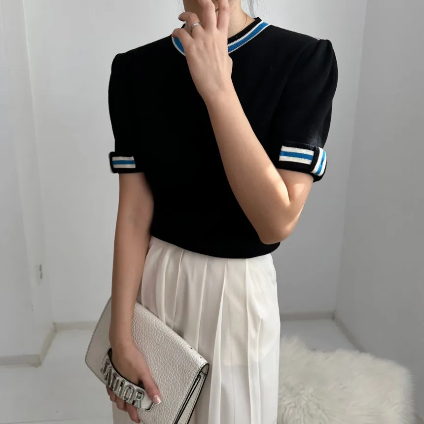 2024 Summer Thin Ice Silk Knitted T Shirts for Women Color Block Short Sleeve Pullovers Tees Korean Fashion Knitwear Tops Mujer