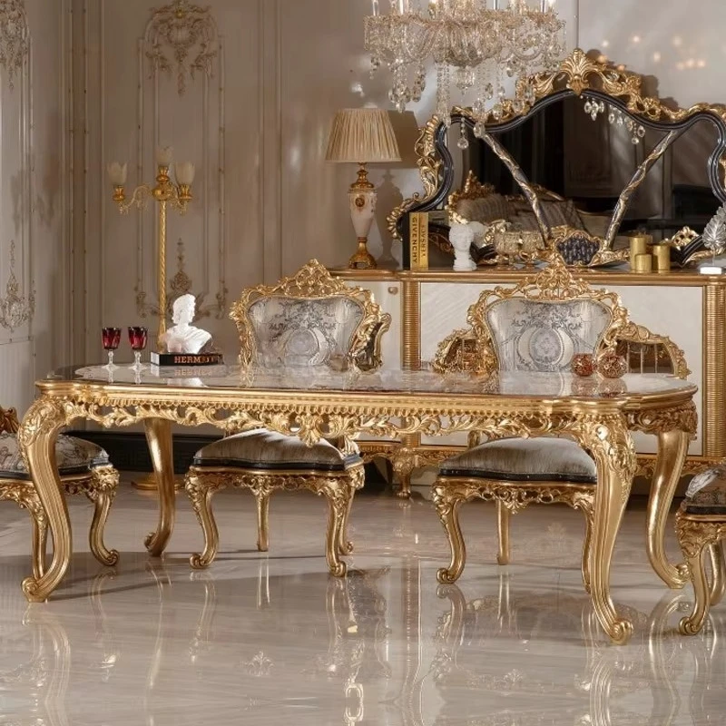 French Luxury Traditional European Gold Foil Solid Wood Hand Painted Antique Dining Table and Chair Set for Home & Hotel Use