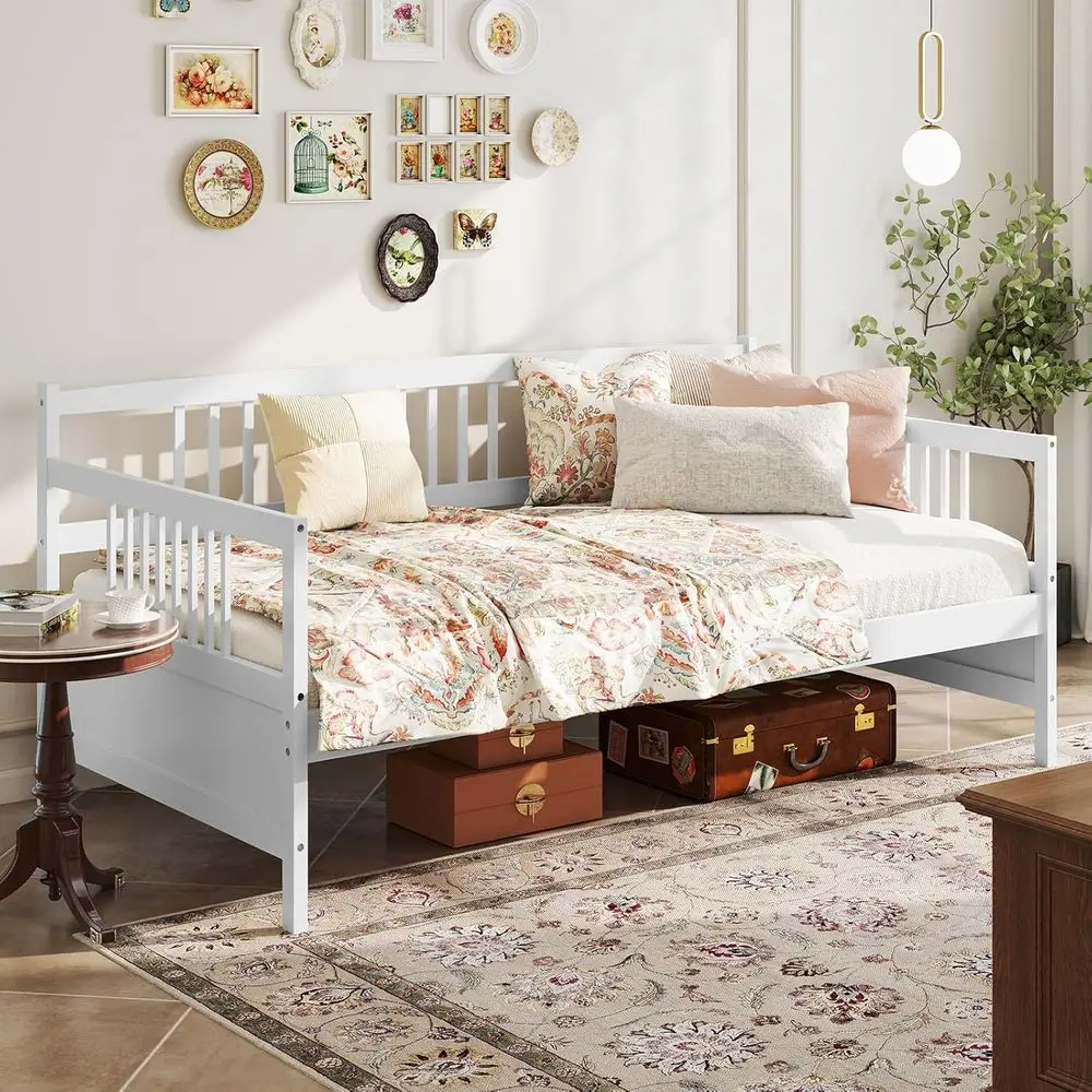 Twin Daybed e, Wooden Soa Bed Gt Bed with Rails & Wood Slat Support, Dual-use Twin Size Platorm Bed e or Living Room Bedroom, No