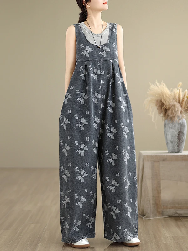 أفرول جينز نسائي عصري بمقاسات كبيرة، تصميم صيفي جديد بطباعة عتيقة، بنطلون جينز فضفاض بأرجل واسعة وخصر مرتفع