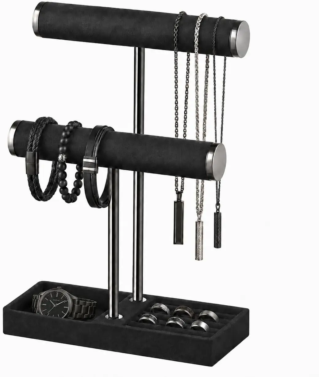 Exhibidor de Pulseras de Terciopelo de 2 Niveles - Barra en T Desmontable, Organizador de Joyas Negro para Pulseras, Collares y Anillos