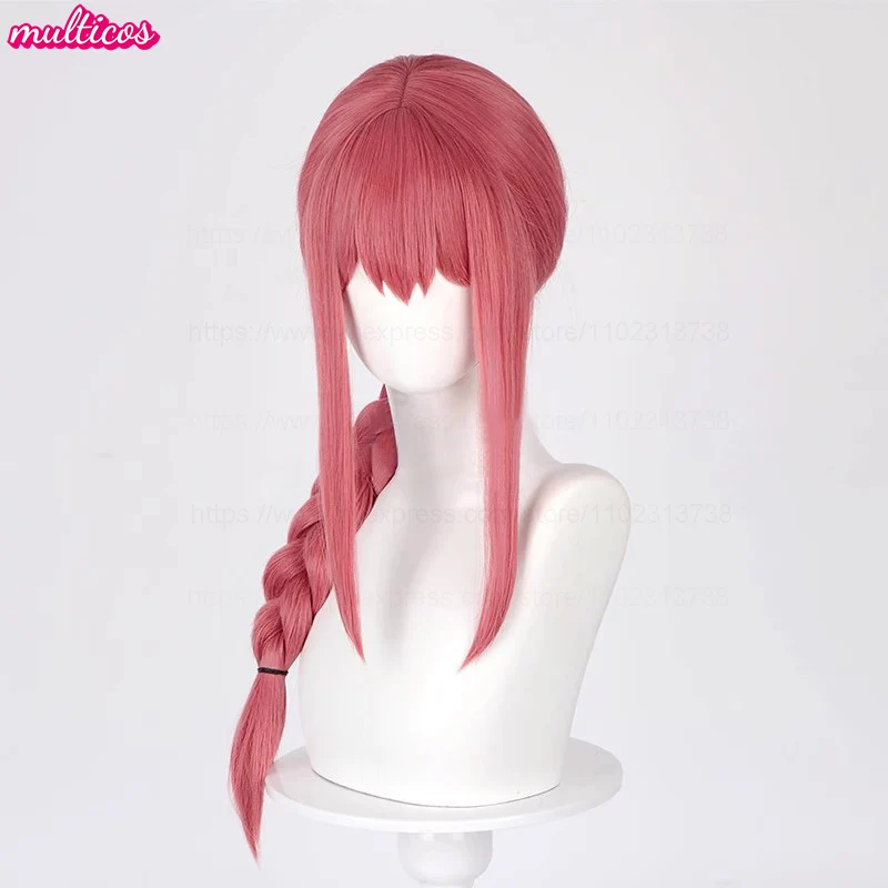 Alta qualidade makima cosplay peruca longa rosa vermelha trançada resistente ao calor cabelo sintético festa de halloween couro cabeludo anime perucas + peruca boné