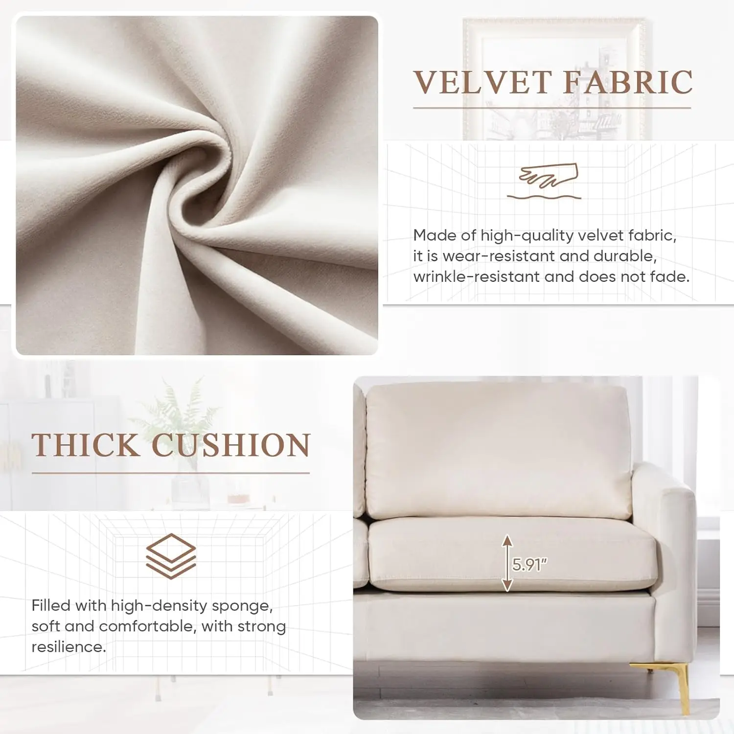 Velvet double sofa, ， 65 "W soft pack channel plush comfortable 2-person sofa with metal legs (beige) image 4