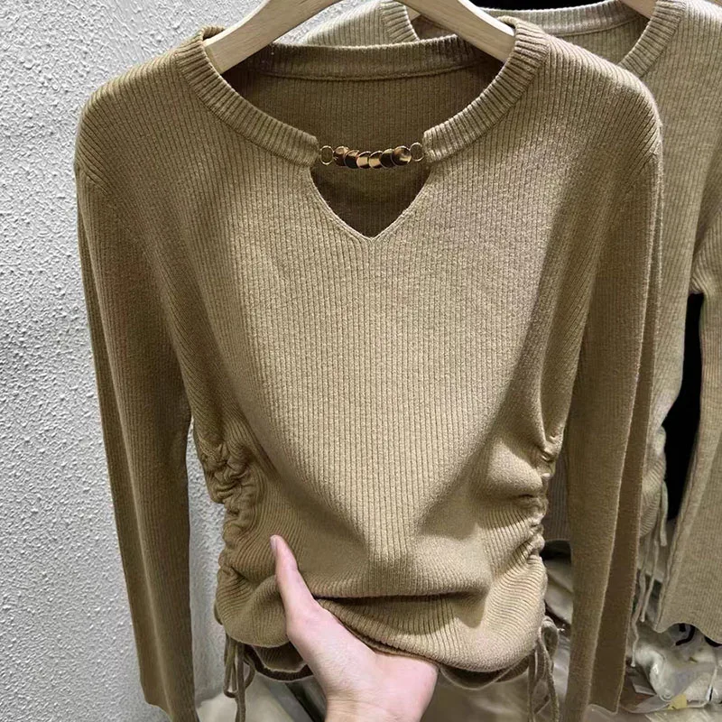 Suéter plisado de manga larga para mujer, ropa de punto, Top informal, elástico, Otoño e Invierno