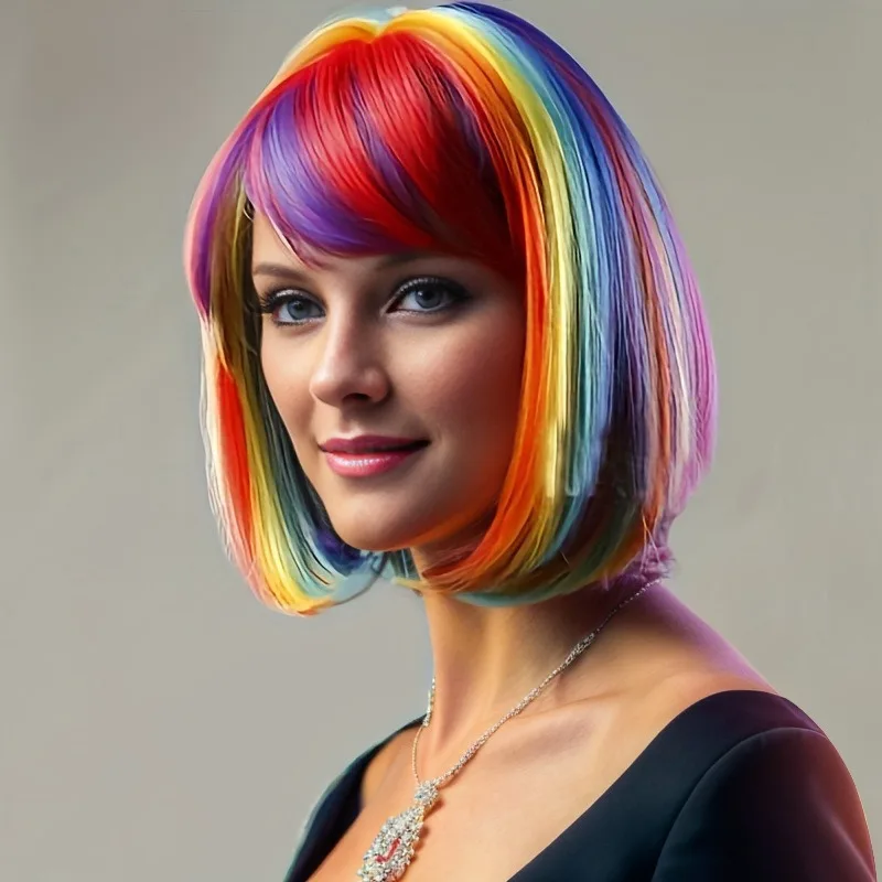 Femme sept couleurs BOB fête Cosplay vêtements chapeaux Air frange cheveux courts raides Halloween habiller étudiant tête perruque couverture