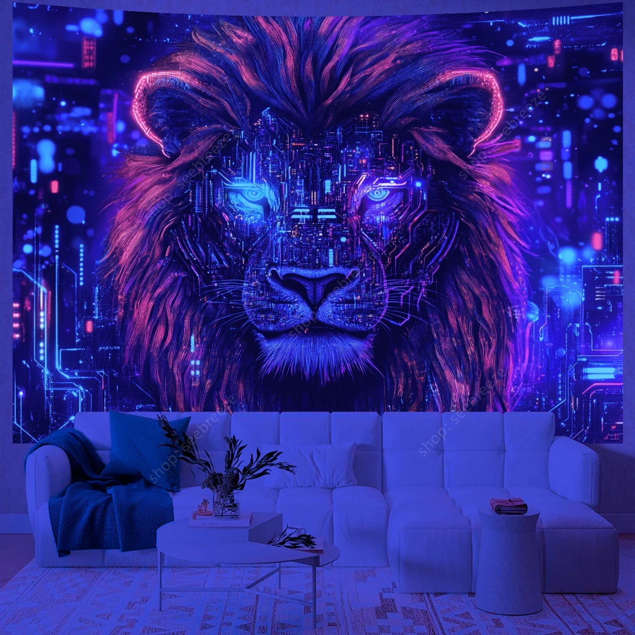 Psychedelic Animal Tapestry Cool Lion UV Reactive Tapestry Wall Hanging for Hippie Kawaii Room Decor Beach Towel Gift for Friend