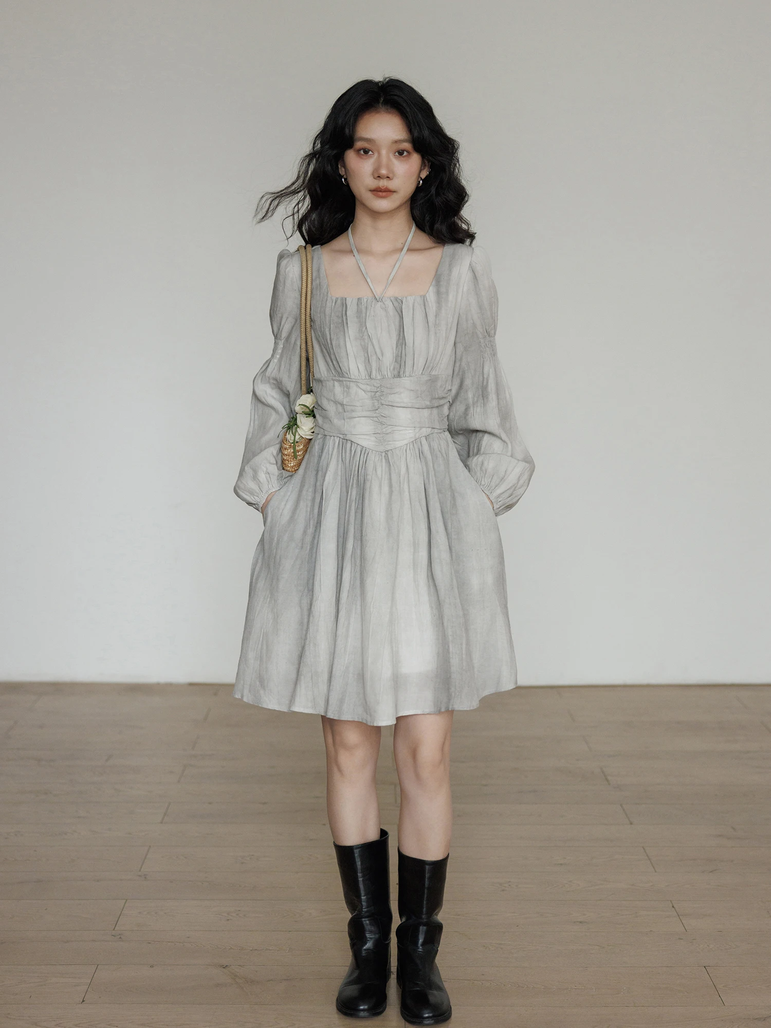 Casual Sle irt Dr Women's Spring New Loose Fit A-Line ort Skirt Linen Waist-Cinching Square Collar Dr