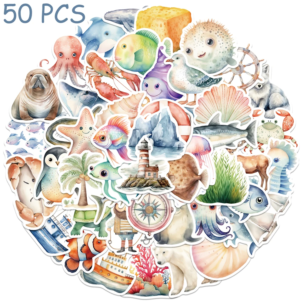 

50pcs Sea Themed Cute cliparts Stickers Cartoon Aesthetic Decals For Laptop Skateboard Suitcase Guitar Waterproof Stickers