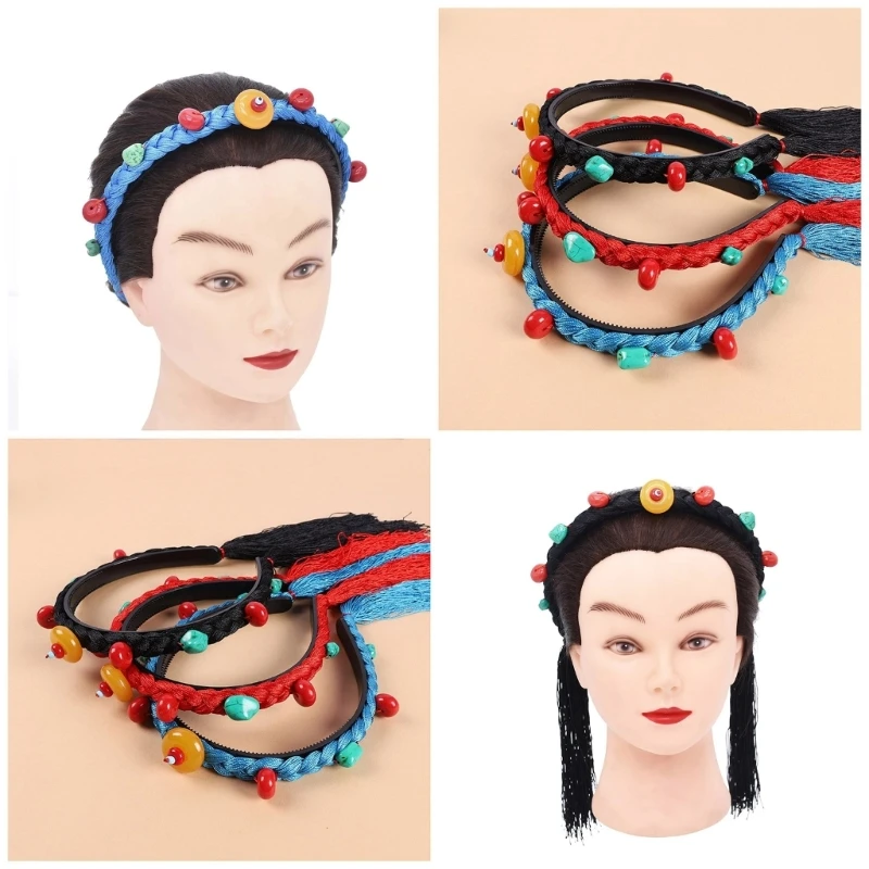

Chinese Tibetan Ethnic Style Handmade Hairband Women Creative Cute Delicate Simulation Wigs Braids Shape Headpieces