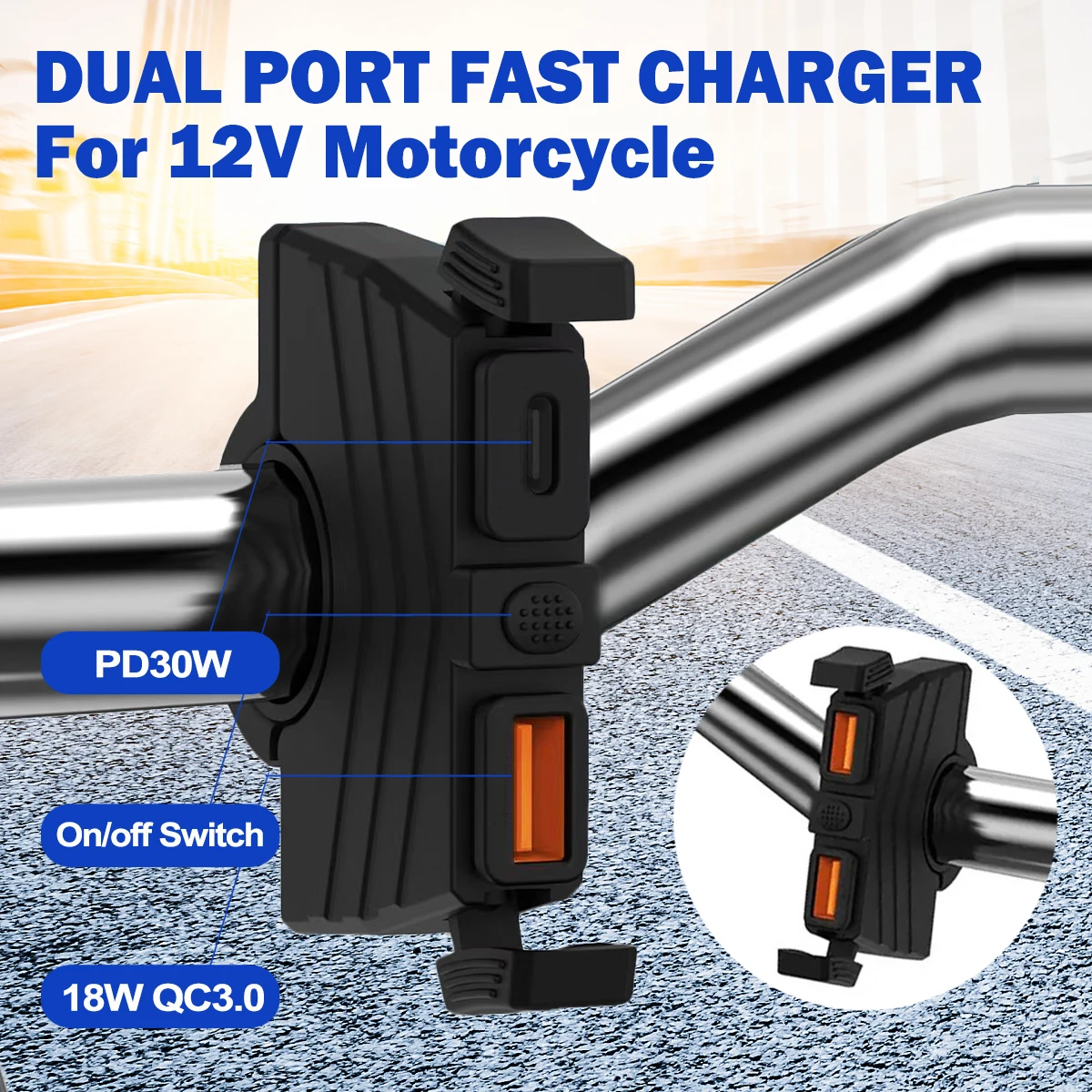

12V 48W PD+QC3.0 Ultra-Narrow Motorcycle Phone Charger Dual Port USB Type C Outlet Fast Charging with on/off Switch Waterproof