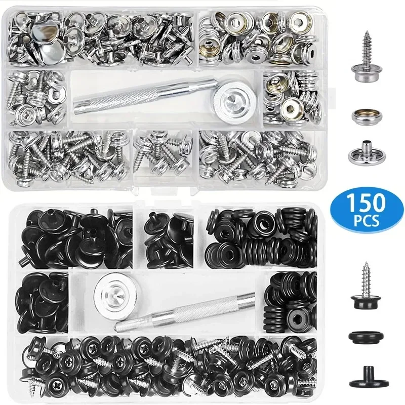 150Pcs/50Set Stainless Steel Screw Buckle Canvas Snap Kit Tent Button Kayak Screw Fastener Furniture Tool for Sewing Leather