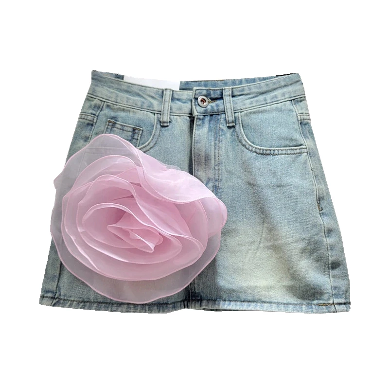 

Three-Dimensional Flowers Denim Skirt Female 2024 Summer New Korean Style Western Style A- Line Exposure-Proof Denim Skirt