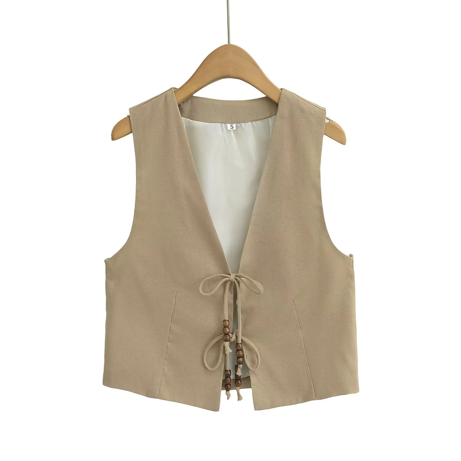 New Women Fashion V Neck Sleeveless Beading Design Lace Up Short Linen Vest Jacket Office Lady Casual Slim WaistCoat Tops CT2208
