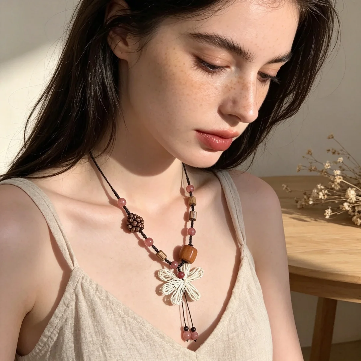 Ethnische handgewebte Strohblumen-Anhängerkette für Frauen, rosa Naturstein, Holzperlen, lange Kette, Pulloverkette, Boho-Schmuck – Detail 13