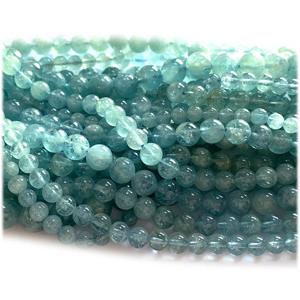 Veemake Natural Clear Blue Green Aquamarine Round Loose Beads For Jewelry Makin 08254