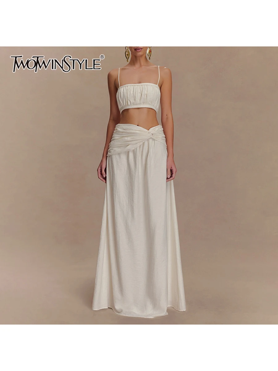 

TWOTWINSTYLE Solid Spliced Folds Two Piece Set For Women Square Neck Sleeveless Top High Waist Temperament Skirt Sets Female New