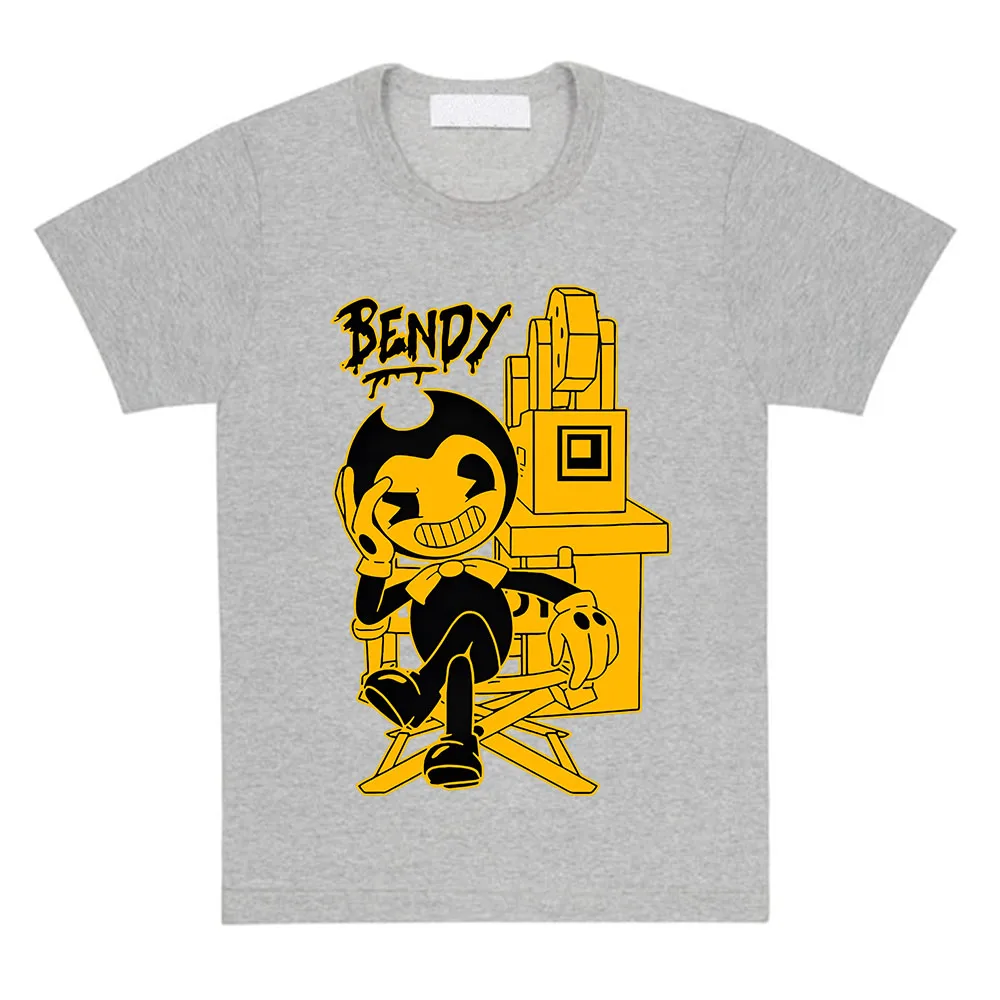 Herren T-Shirt mit Cartoon-Grafik „Bendy and The Ink Machine“-Regiestuhl, Retro-Horror-Spiel, Kurzarm, Lässiges Baumwoll-Streetwear-Tee – Detail 5