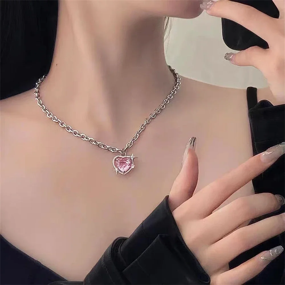 SUMENG Goth Harajuku Pink Peach Heart Necklaces/Earrings for Women Girl Sweet Cool Aesthetic Accessories Fashion Jewelry Sets