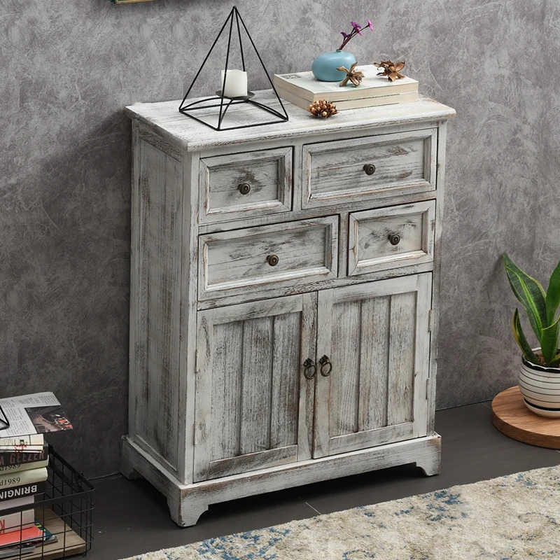 Distressed Mediterranean Sideboard: Mortise-Tenon Solid Wood Storage Cabinet for Entryway/Dining