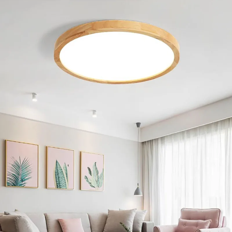 Luces LED de techo de madera ultrafinas, lámpara nórdica para sala de estar, dormitorio, accesorio de madera, pantalla acrílica moderna
