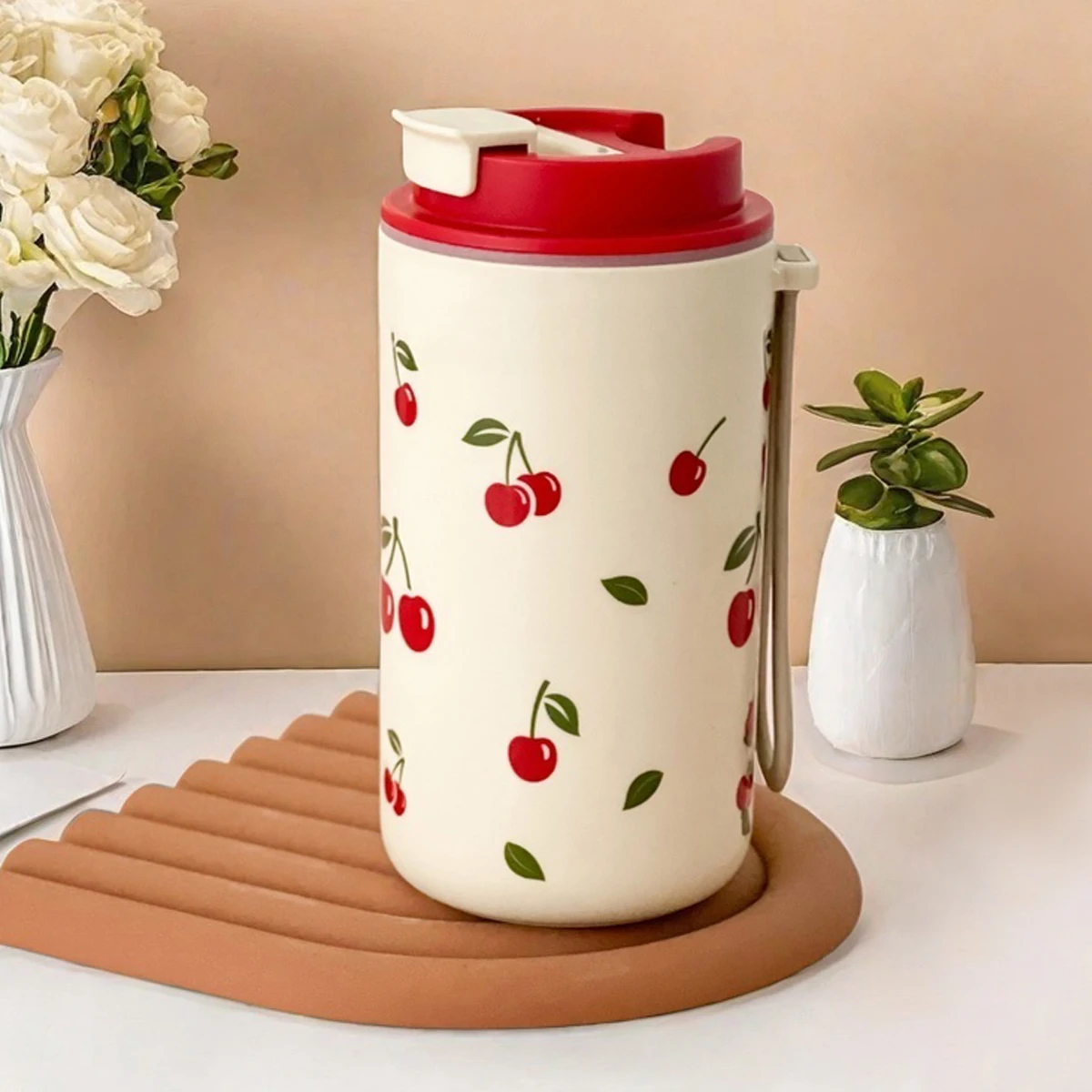 

WORTHBUY Sport Portable Plastic Water Bottle With Rope Leak-proof Drinking Bottle Cherry Pattern Cold & Hot Tea Milk Coffee Mug