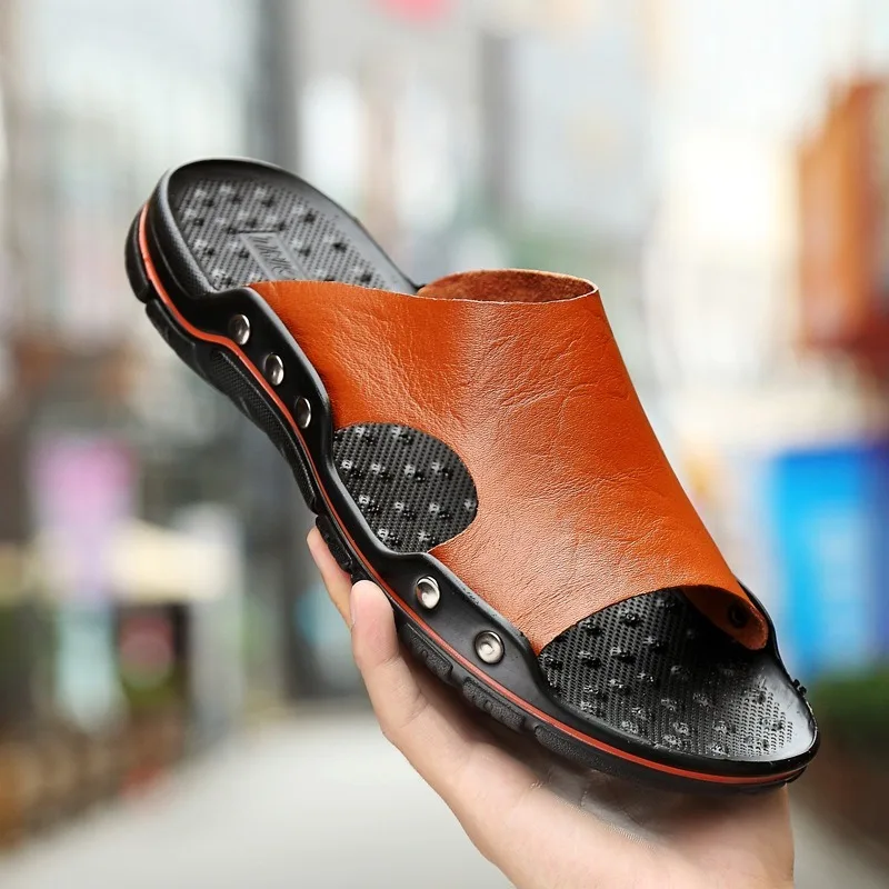 

Men's Genuine Leather Slippers Summer One-word Wear Trendy Men's Sandals Large Size Non-slip and Wear-resistant Men's Sandals