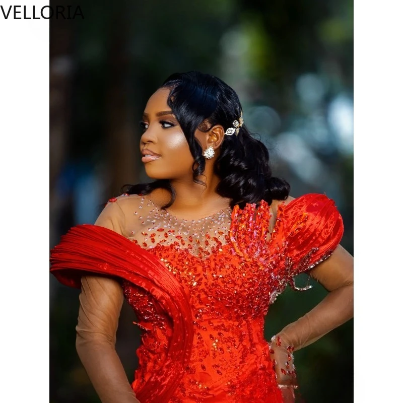 Aso Ebi Nigerian Red Mermaid Prom Dresses 2026 Floral Lace Crystals Stylish Evening Gown Second Birthday Gowns Dress Customized image 4
