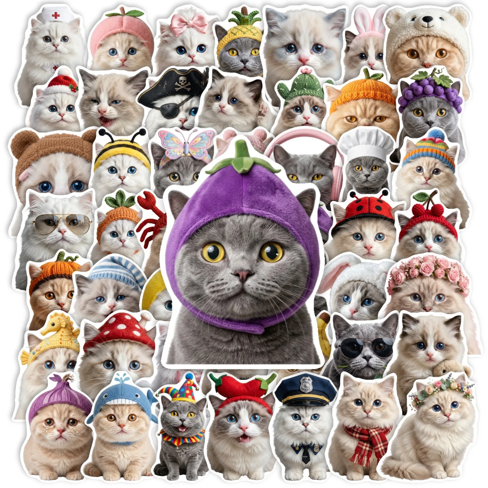 50-Pack Adorable Cat Costume Stickers Waterproof Durable Decorations for Guitars Helmets Notebooks Stationery Funny Cat Decals