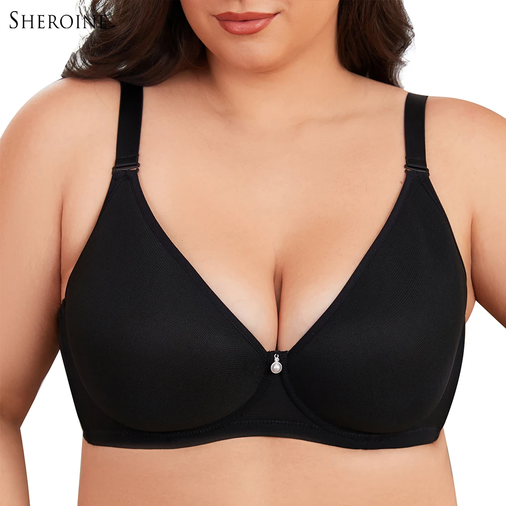 

Sheroine Plus Size Women's T-shirt Bra Ultra-thin Mesh Non Padded Underwire Minimizer Full Cup Support & Comfort for Big Bust