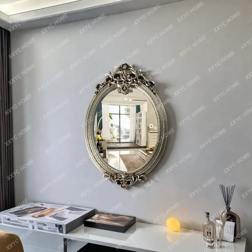 KEuropean carved bathroom mirror dining room oval wall hanging decorative mirror French dressing makeup mirror retro bathroom