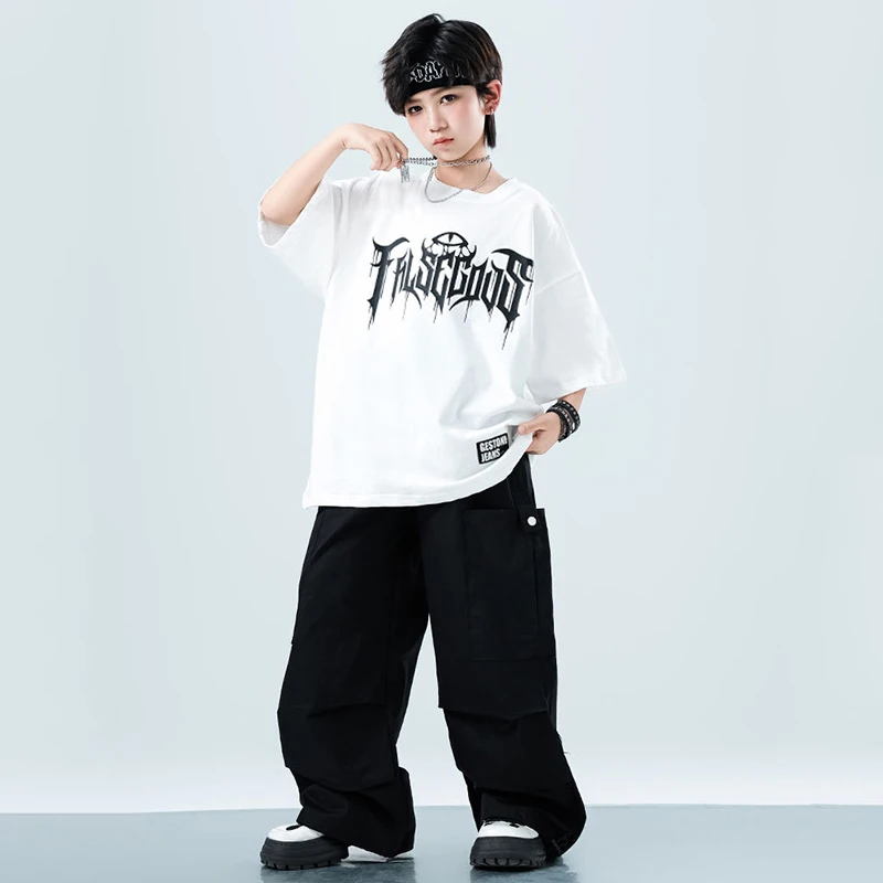 Kinder Street Dance Outfit Hip Hop Lose Hose Schwarz Weiß Oversize T-Shirt Teen Jungen Mode Jazz Urban Dance Kostüm 3407