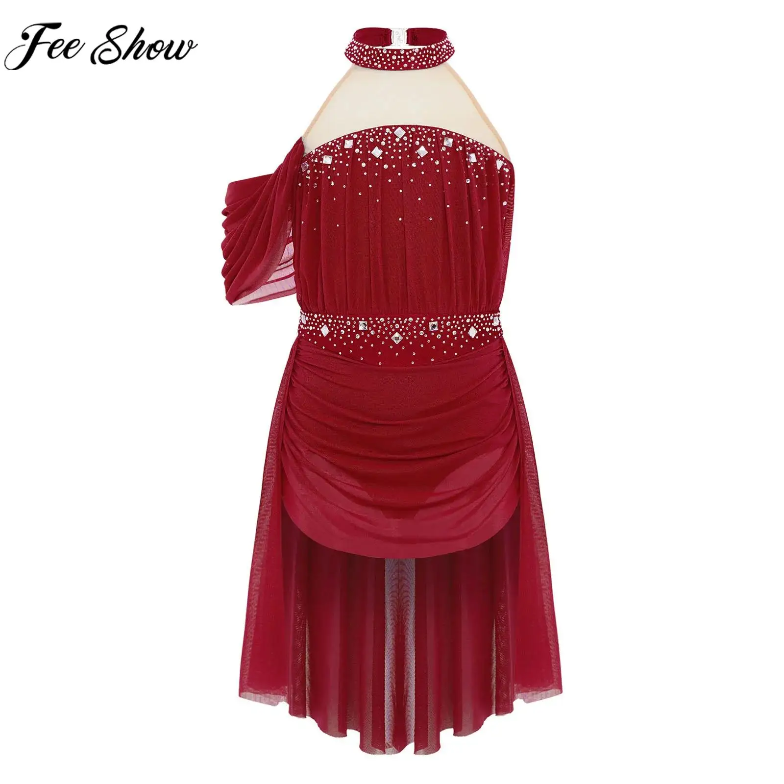 Children Girls Modern Lyrical Dance Figure Skating Gymnastics Costume Sleeveless Shiny Rhinestones Sheer Mesh Leotard Dress
