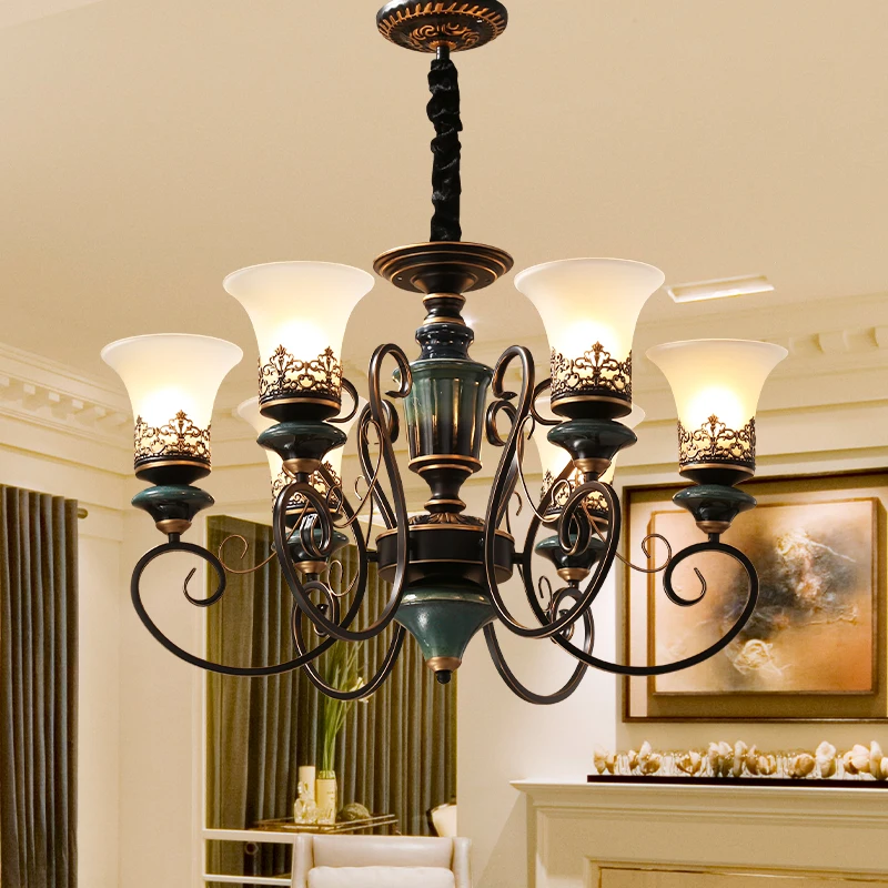 European-style Luxury Living Room Bedroom Chandelier Glass Lampshade Ceramic Middle Pillar Artificially Polished Hot Lamp