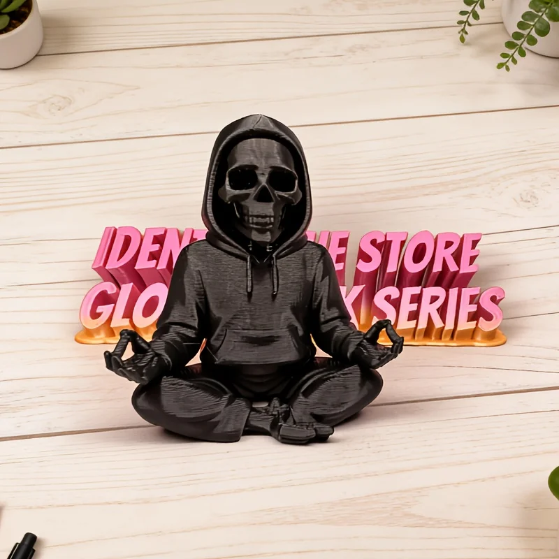 Gothic Hooded Skeleton Statue 3D Printing Yoga Pose Skull Mini Figurine Zen Ornament Decor Ornaments for Home Desktop Room Gifts