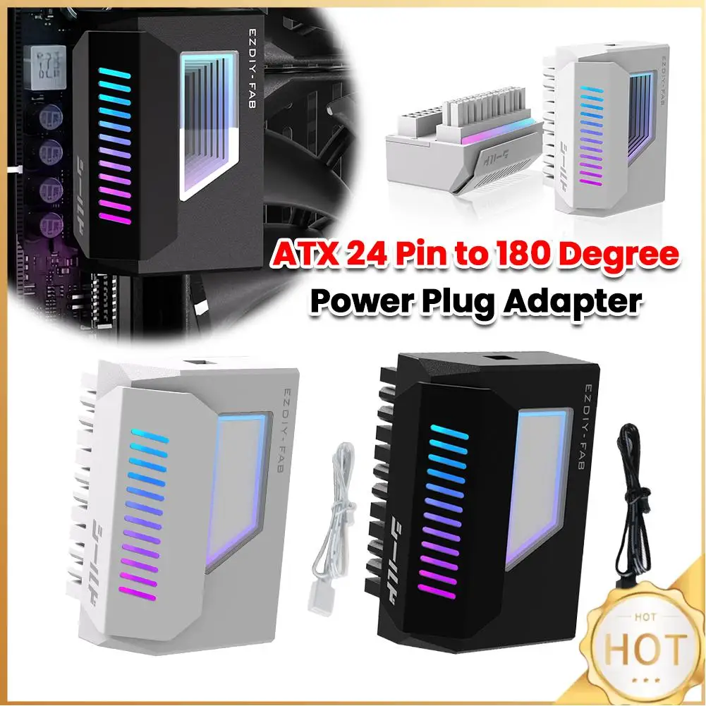 ATX 24 Pin To 180 Degree Power Plug Adapter with Infinity Mirror ARGB Light Female To Male Power Adapter 24-Pin Angle Adapter