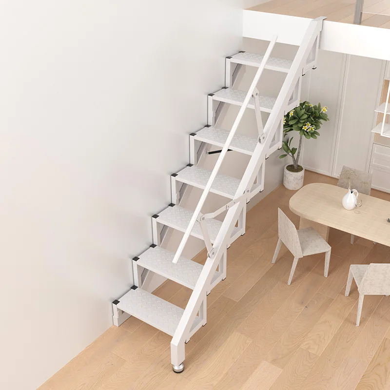 

iron welded attic ladder against the wall, folded and attached to the wall to save space, upper roof and lower platform ladder