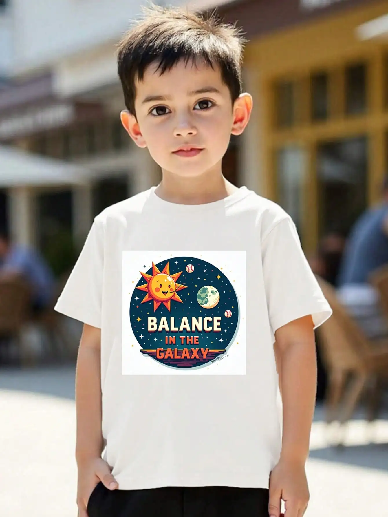 

Tween Girls/Boys Clothes, Galaxy Theme Cotton T-Shirt, White Tee With Sun, Moon, And Stars Graphic