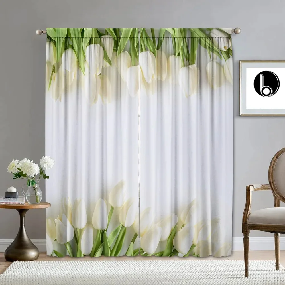 2PC Home Decoration Curtains With Symmetrical Flower And rod Pocket Curtains On Both Sides, Kitchen, Coffee Shop,Living Room