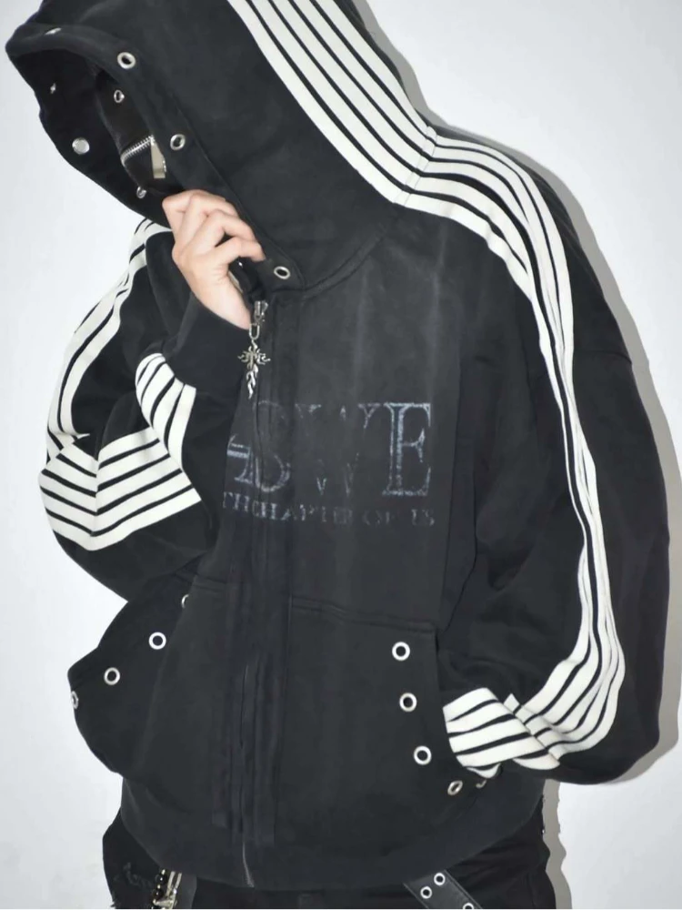 Cropped Zip Hooded Jacket Young Men Oversized Drop Shoulder Striped Sleeve Eyelet Pocket Vintage Letter Dark Street Teen Guys