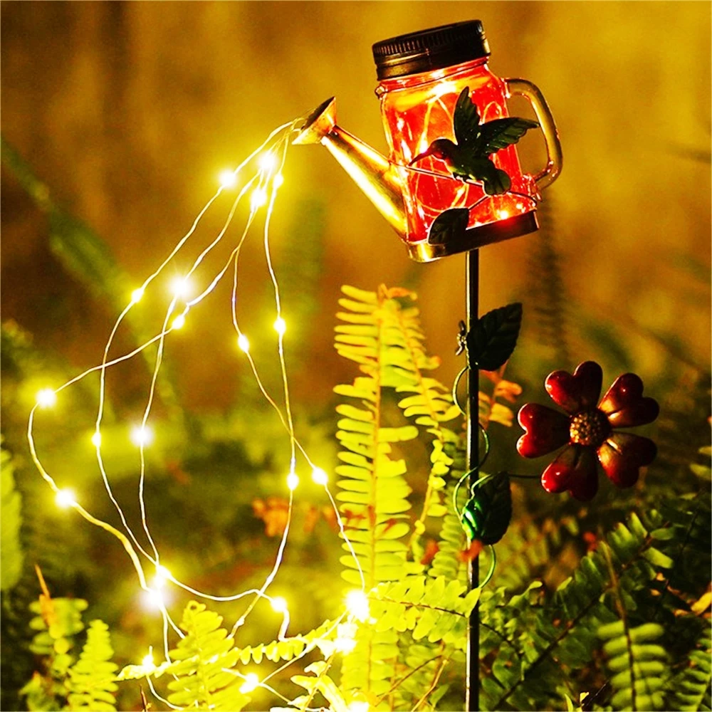 Solar Watering Can Garden Light Mason Jar Hanging Waterfall Lamp Waterproof Outdoor Decoration for Yard Lawn Backyard Landscape