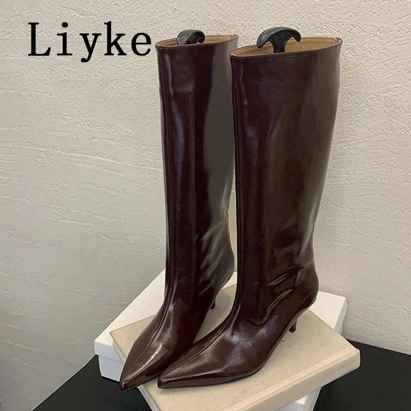 Liyke Winter Street Style Cosy Pointed Toe Woman Knee-High Boots Slip-On Low Thin Heels Shoes Female Long Booties Zapatos Mujer