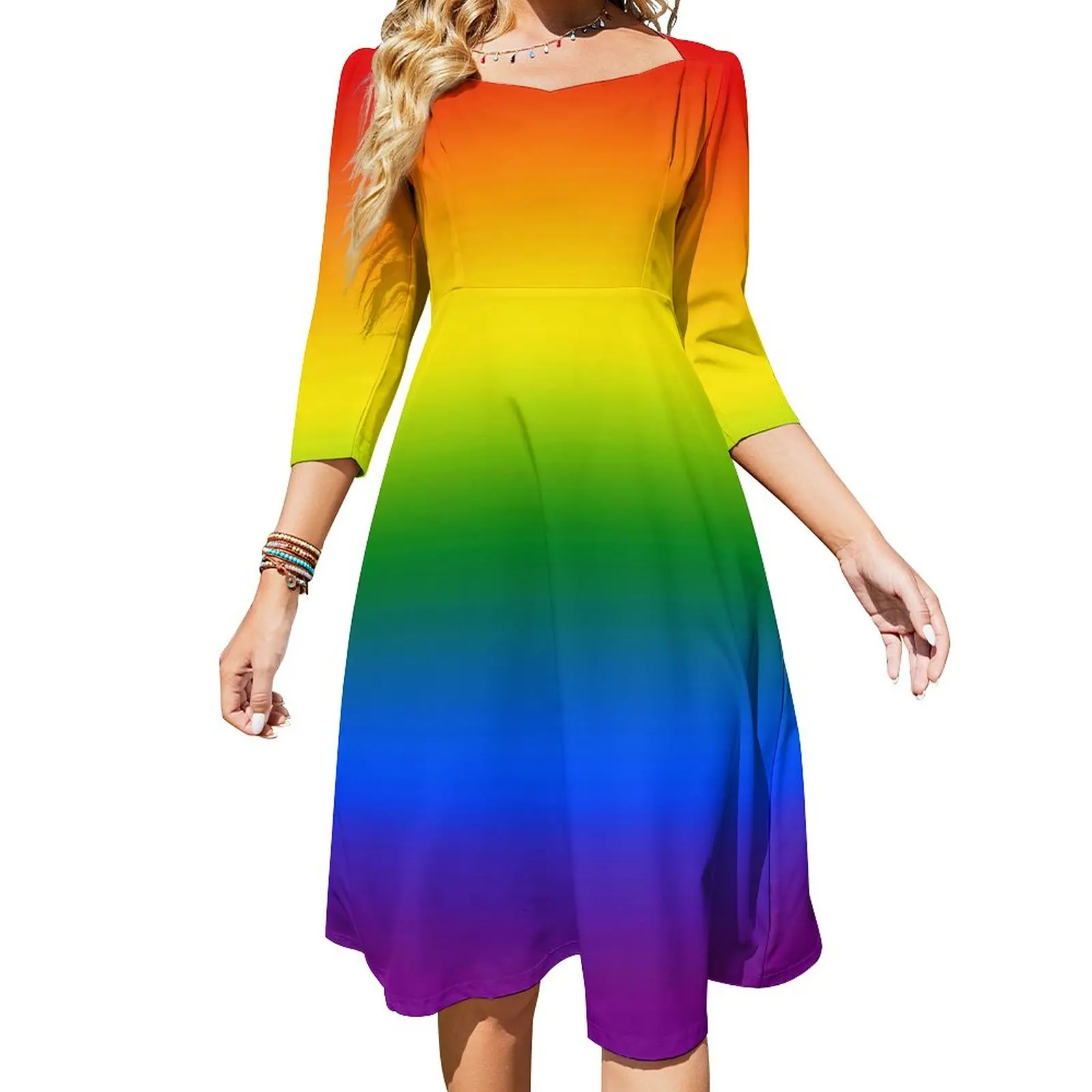 Rainbow Ombre Dress Pretty Bright Colorful Vintage Dresses Summer Square Collar Street Fashion Casual Dress Big Size 4XL 5XL