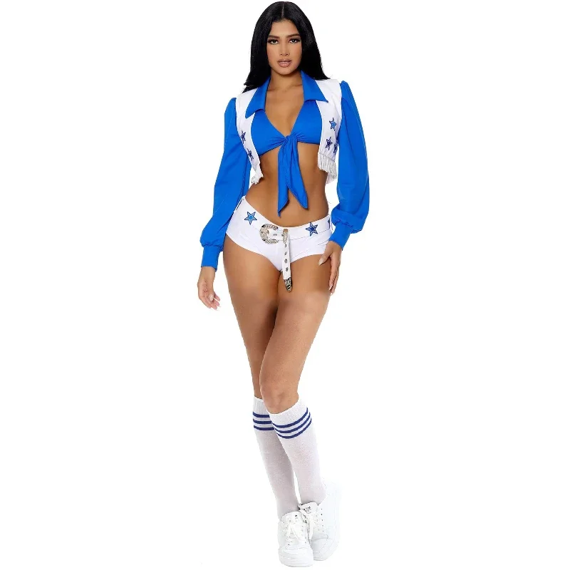 Sexy Women's Cheerleader Costume High School Girl Cheerleading Uniform Halloween Costume Blue Star Team Cheer Two Piece Set