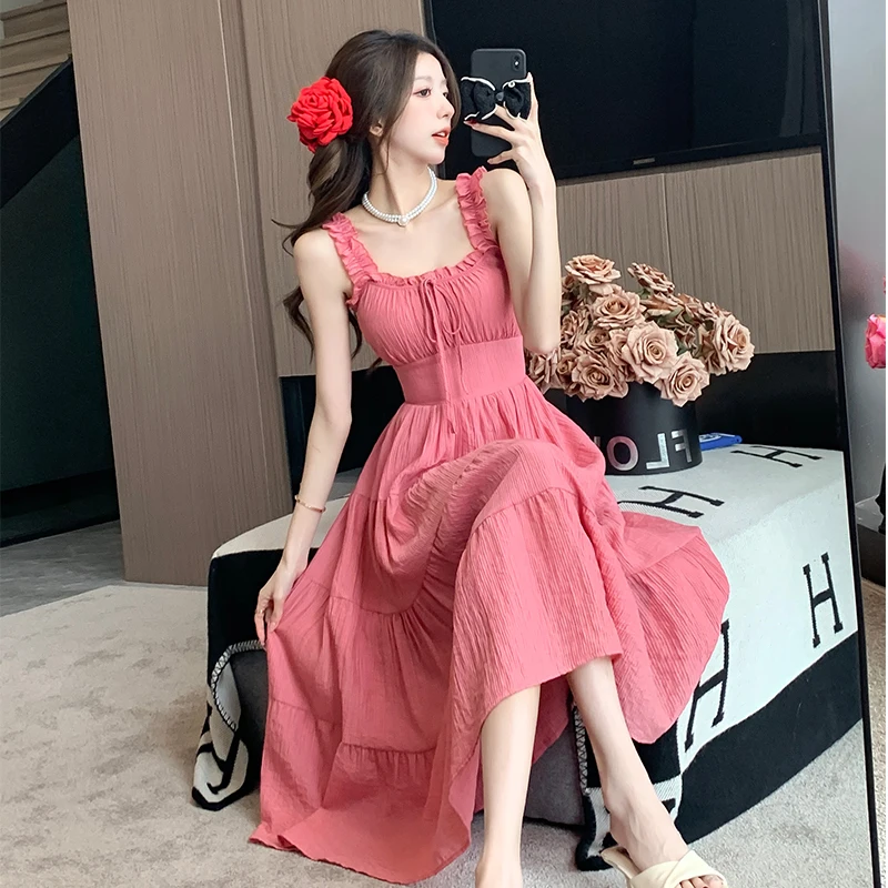 Flycoozooi Korean Fashion Dopamine Seaside Vacation Style Dress for Women's Summer French High-end Sexy Off The Shoulder Dresses